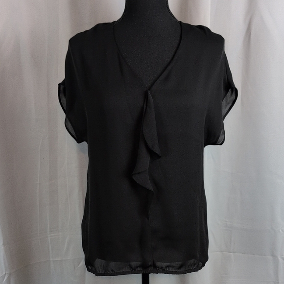 LOFT Black Ruffled Cap Sleeve Blouse - Picture 1 of 8